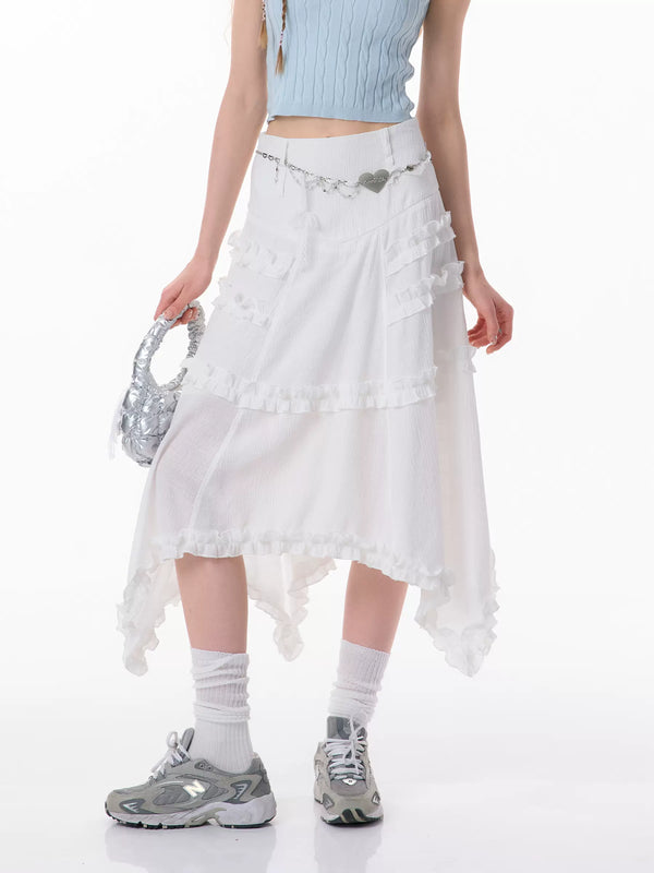 Retro Lace White Mid-Length Skirt