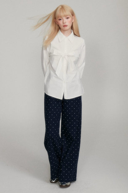 Lost Forest Good match lace dark blue polka dot pants Sweet girl looks thin and shows high wide-legged mop pants new products