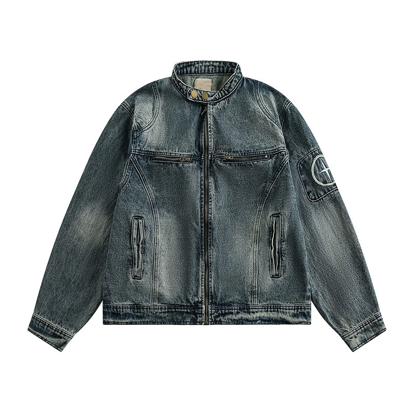 American Retro Washed Denim Biker Jacket