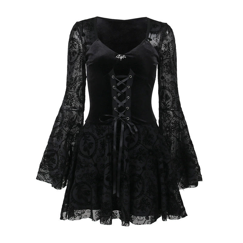 Retro Long Sleeve Velvet Black Dress