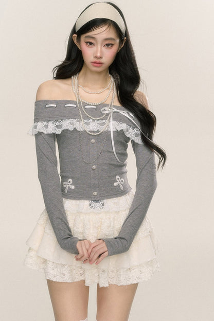 [September 26th 20 o'clock sale] less eye camellia rime one-shoulder lace long-sleeved T-shirt women's early autumn