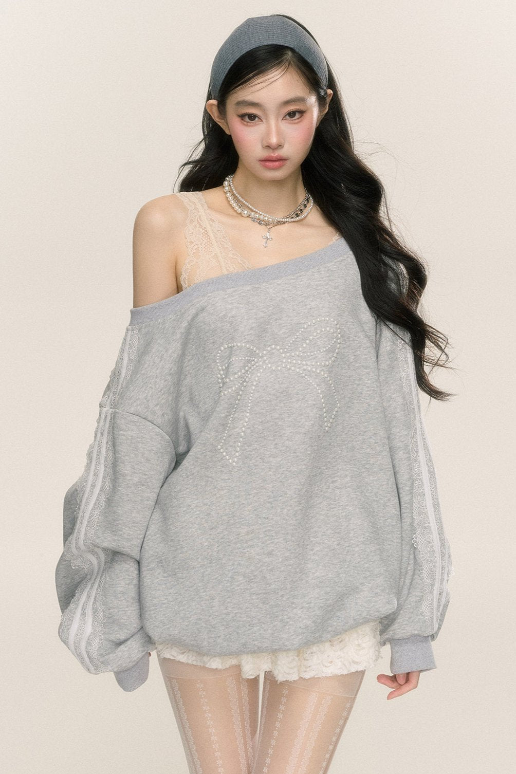 Slanted Shoulder Bow Loose Sweatshirt