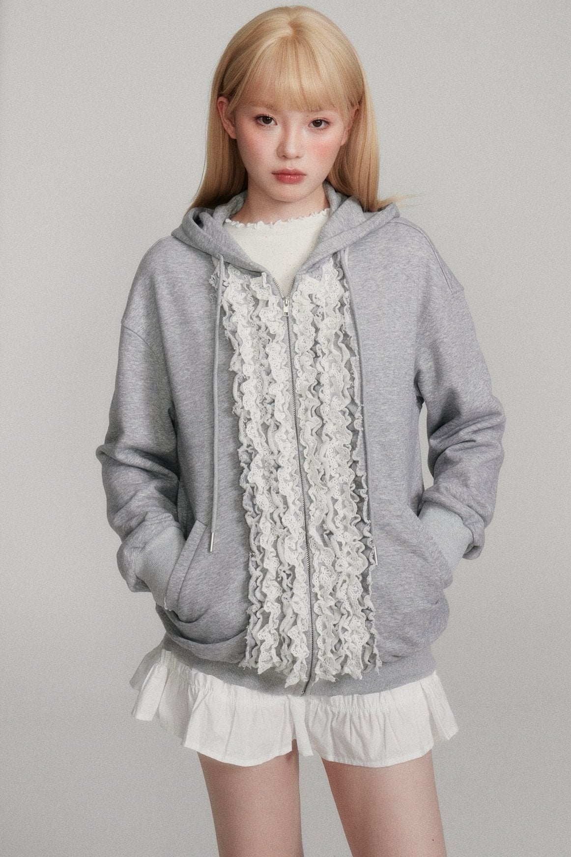 Lost Forest Obedient Girly Lace Pilz Rand Samt grau Sweatshirt süßen Stil lose Hoodie neues Produkt