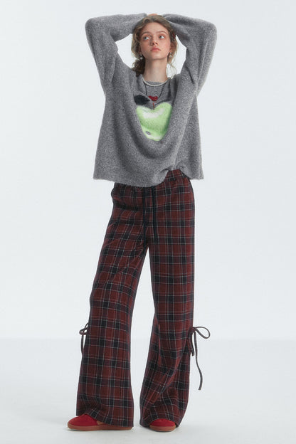 체크 드로스트링 보우 바지 