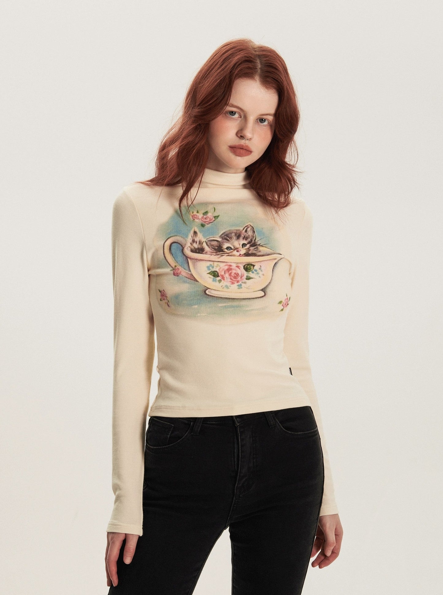 American vintage high neck long sleeve T-shirt top