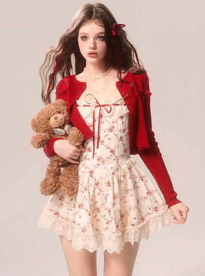 Red Cardigan With Summer Lace Puffy Dress Set-Up