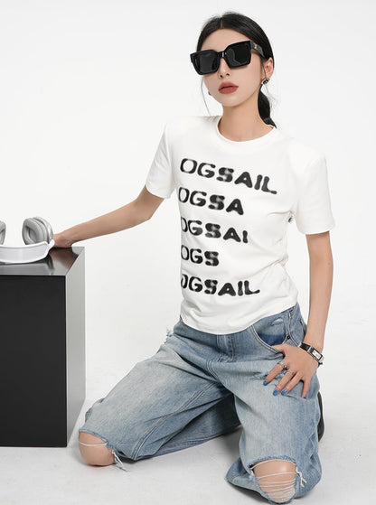 SRYS American Street Schriftzug gedruckt mit gepolsterten Schultern Rundhalsausschnitt Kurzarm T-Shirt Damen Sommer neue Top