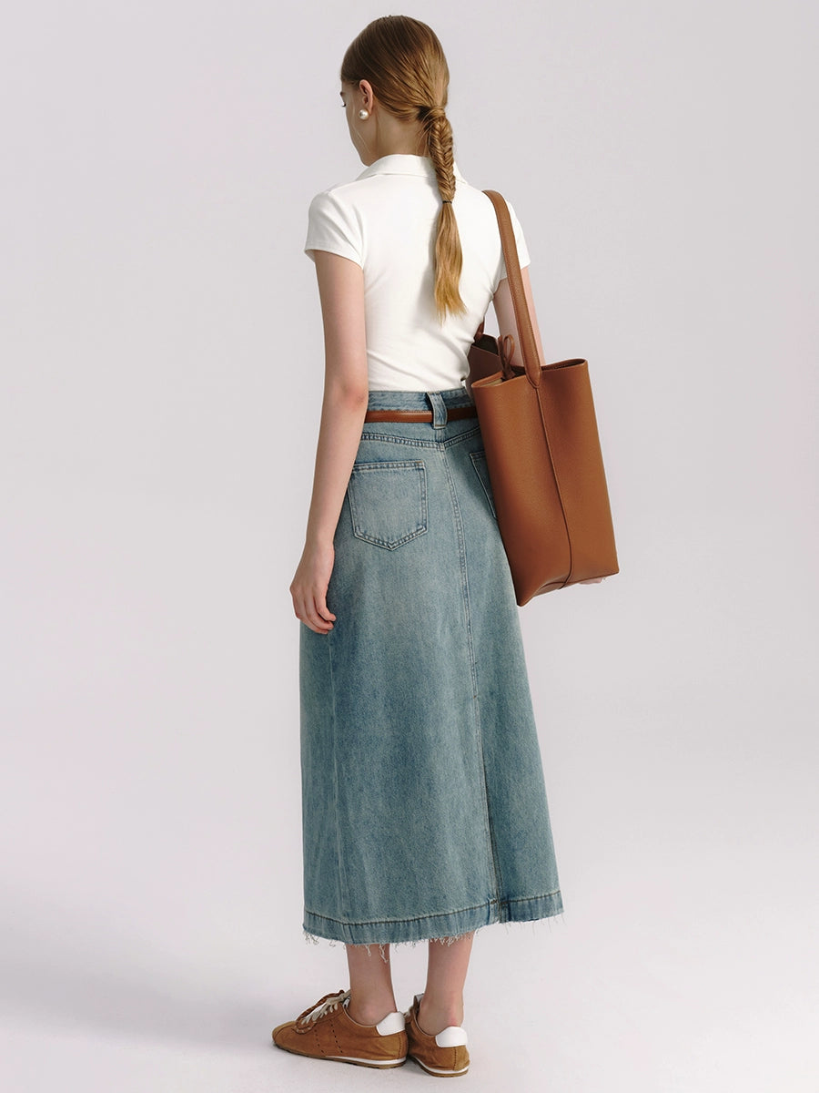 Retro Blue Washed Denim Skirt