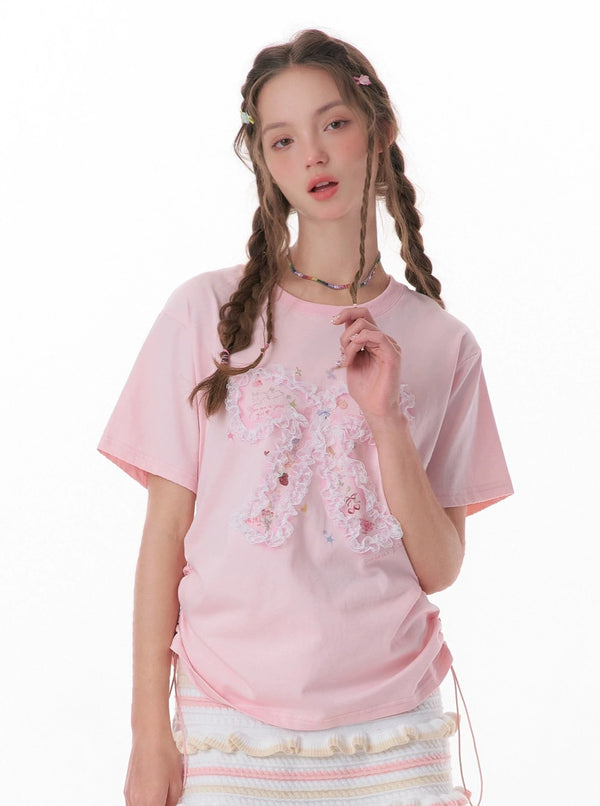 Lace Bow Drawstring Top