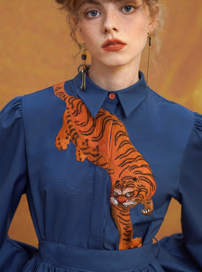 Vintage Tiger Embroidered Blue Dress