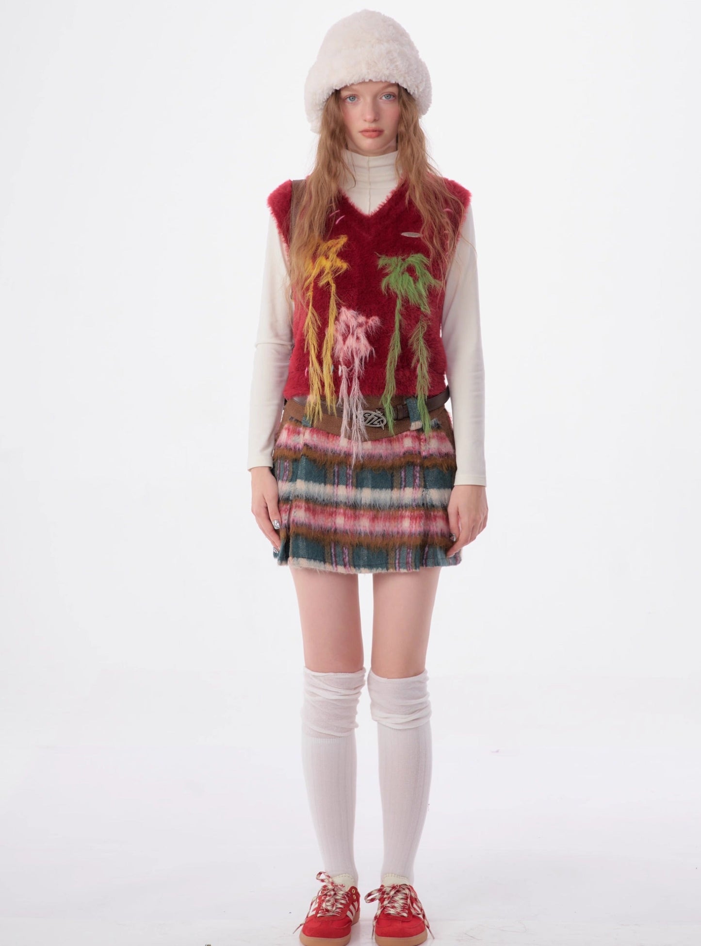 High-waisted thin red woolen tweed plaid short Skirt