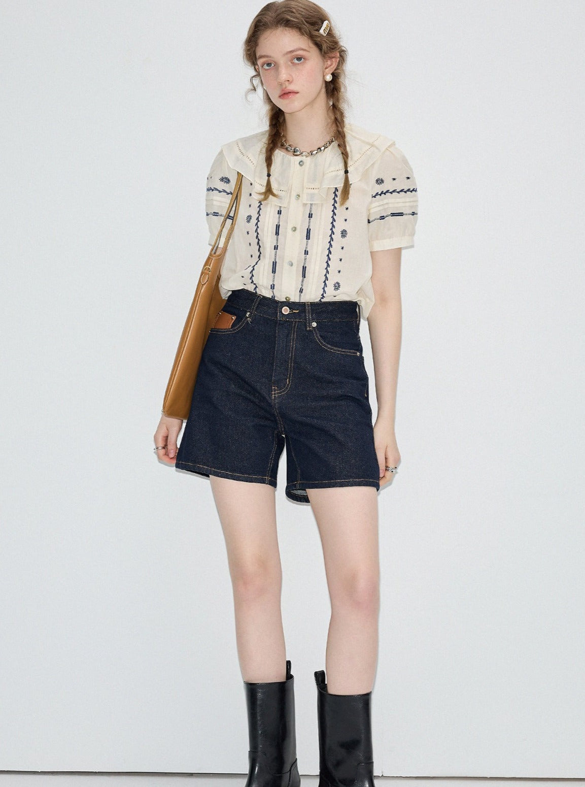 Embroidered Shirt & Denim Shorts Set-Up