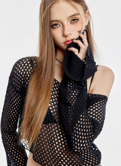 Schwarzes Cropped Fishnet Shoulder Top