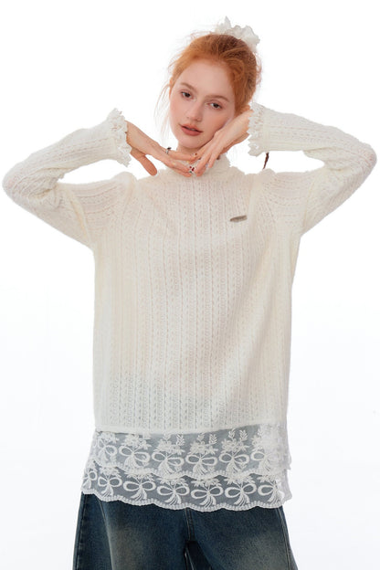 RETRO LACE TURTLENECK KNIT TOP