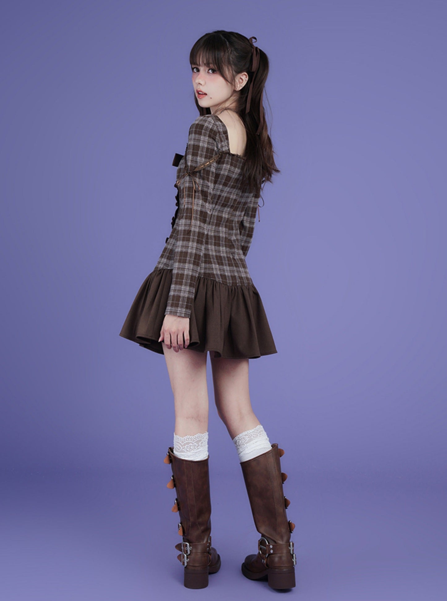 fighting spirit brown plaid bow dress