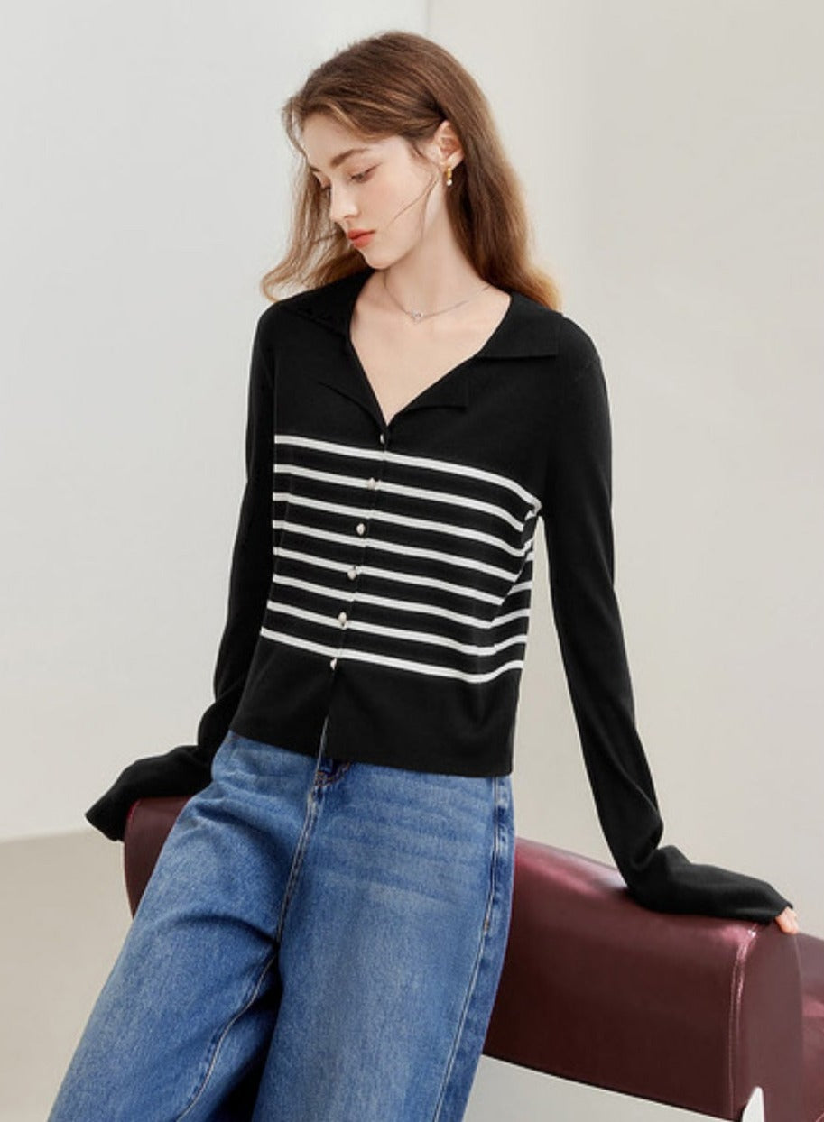 Lapel Striped Knitted Cardigan Top