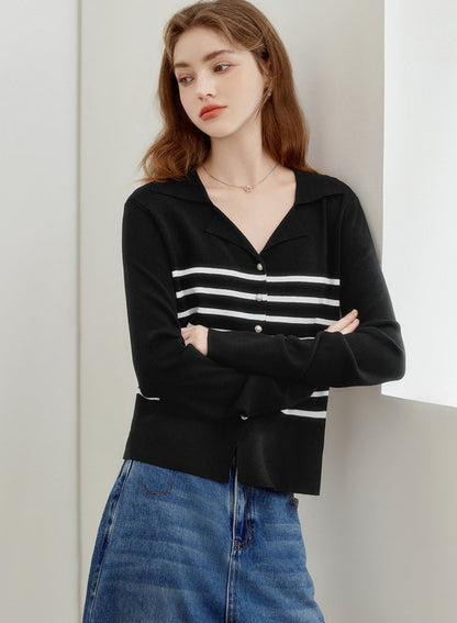 Lapel Striped Knitted Cardigan Top