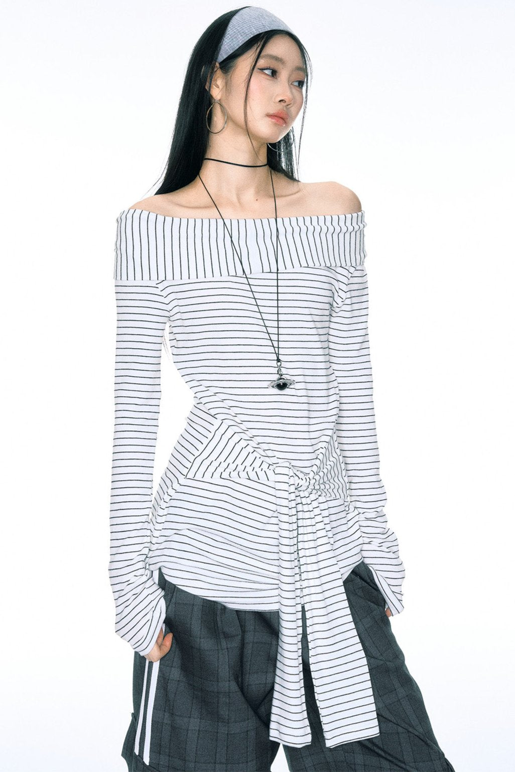 [Curriges September 26th New Arrivals] autumn and winter new one-shoulder striped waist tie long top