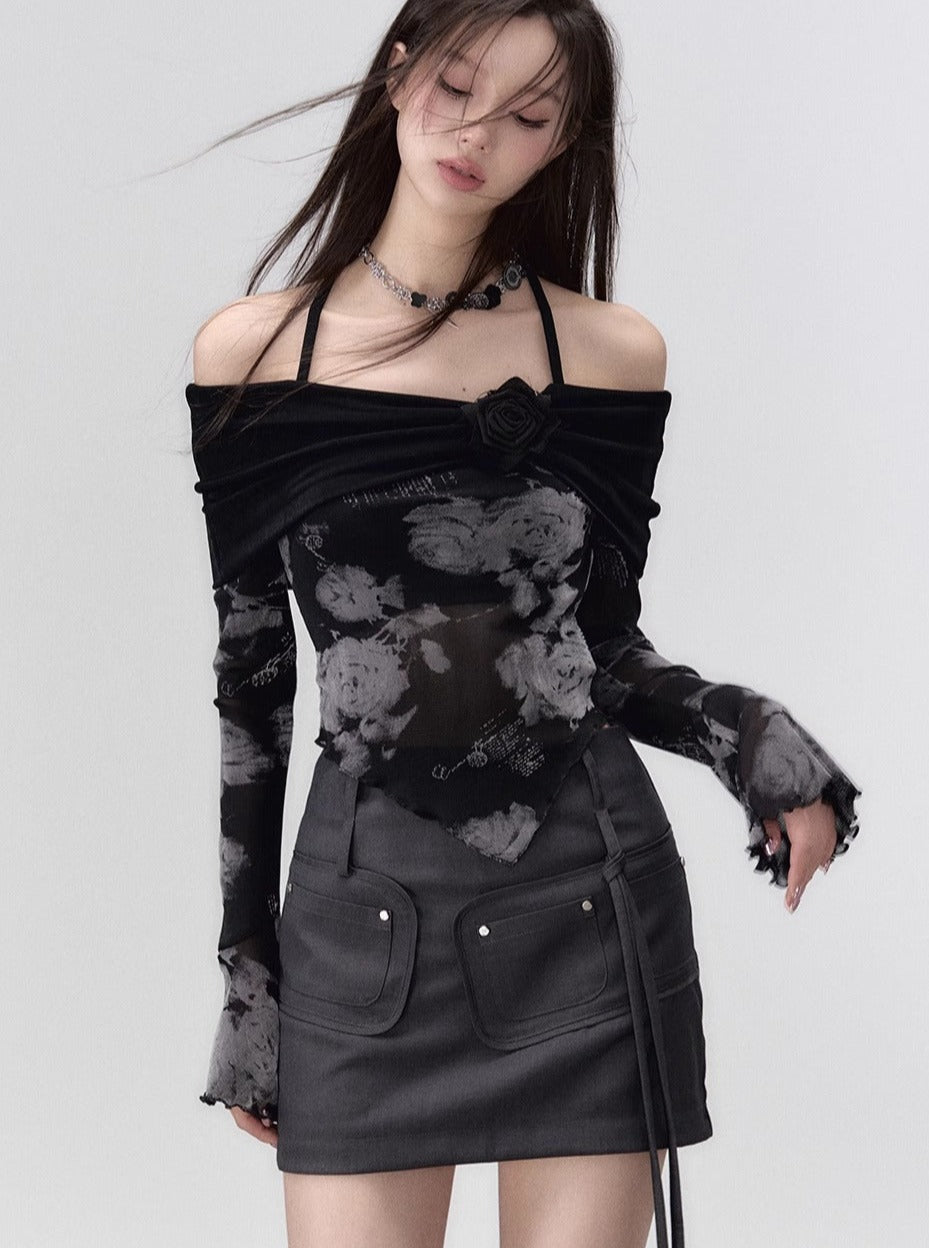 two-piece one-shoulder collar suspender T-shirt