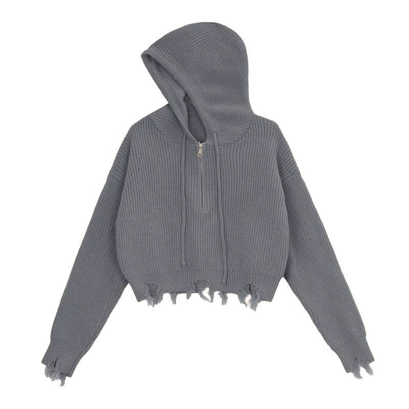 Half-zip hooded ripped sweater