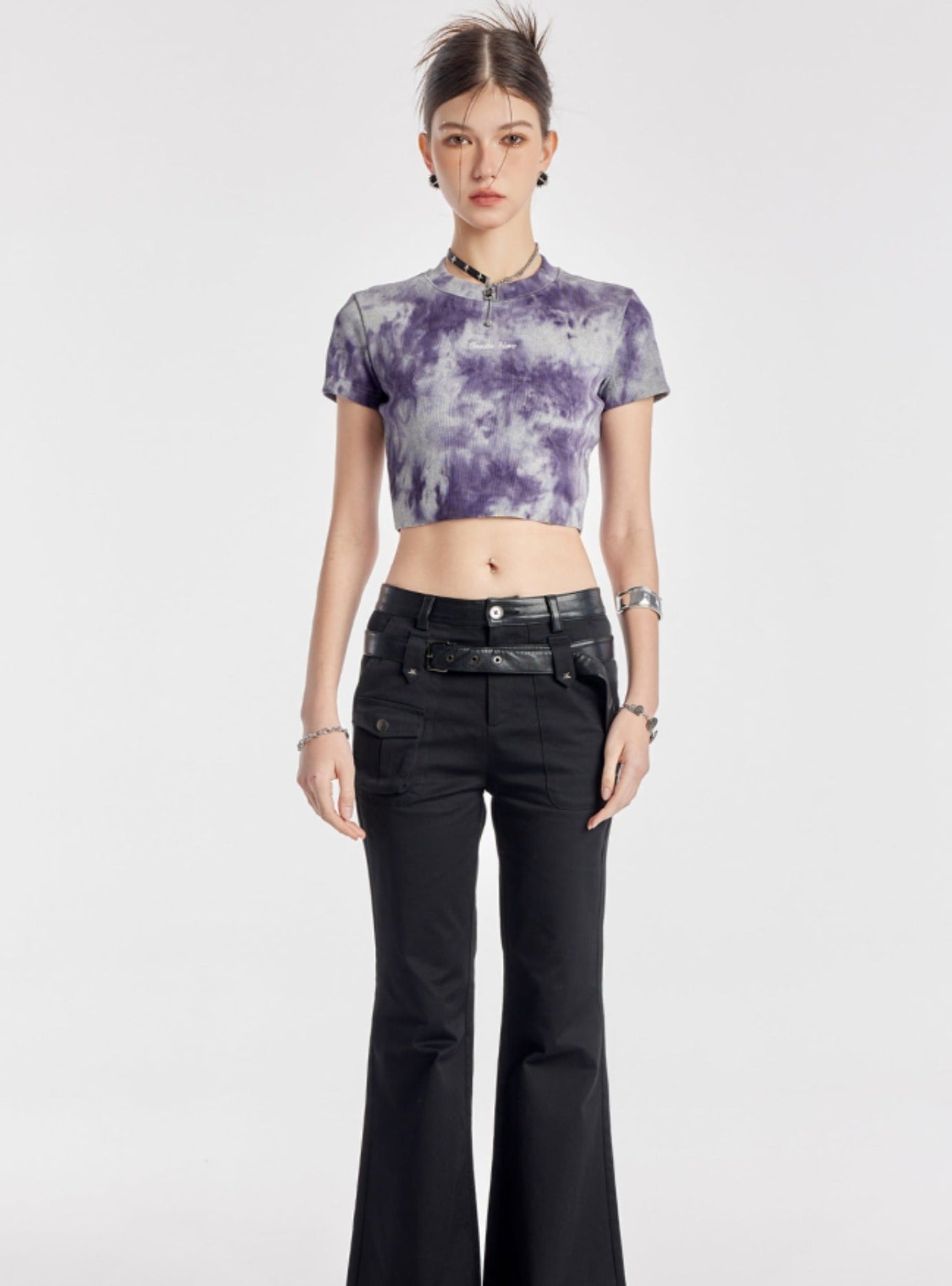 Purple Tie-Dye Embroidered Crop Top