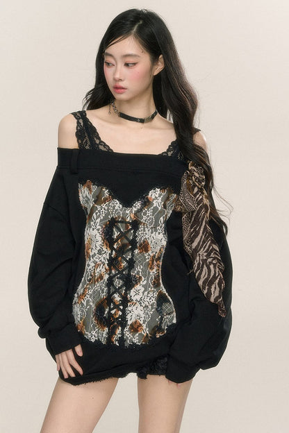 [On sale at 20 o'clock on September 26th] less also eye Paris Pictorial one-shoulder loose lace sweatshirt women's early autumn