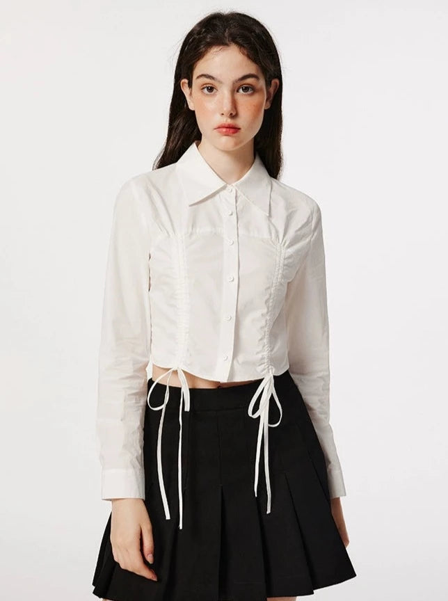 Wrinkled Lace-up Long Sleeve Crop Top