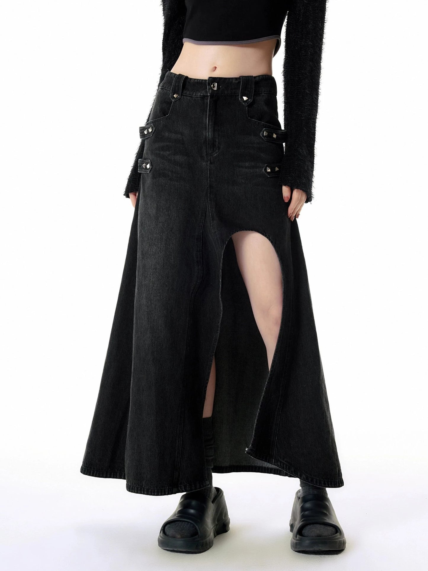 Hollow black slit denim Skirt