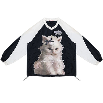 American Cat Print V-Neck Top