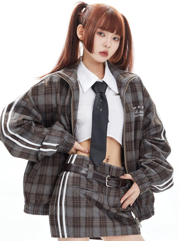 Vintage Plaid Coat Short Skirt Two Piece Set