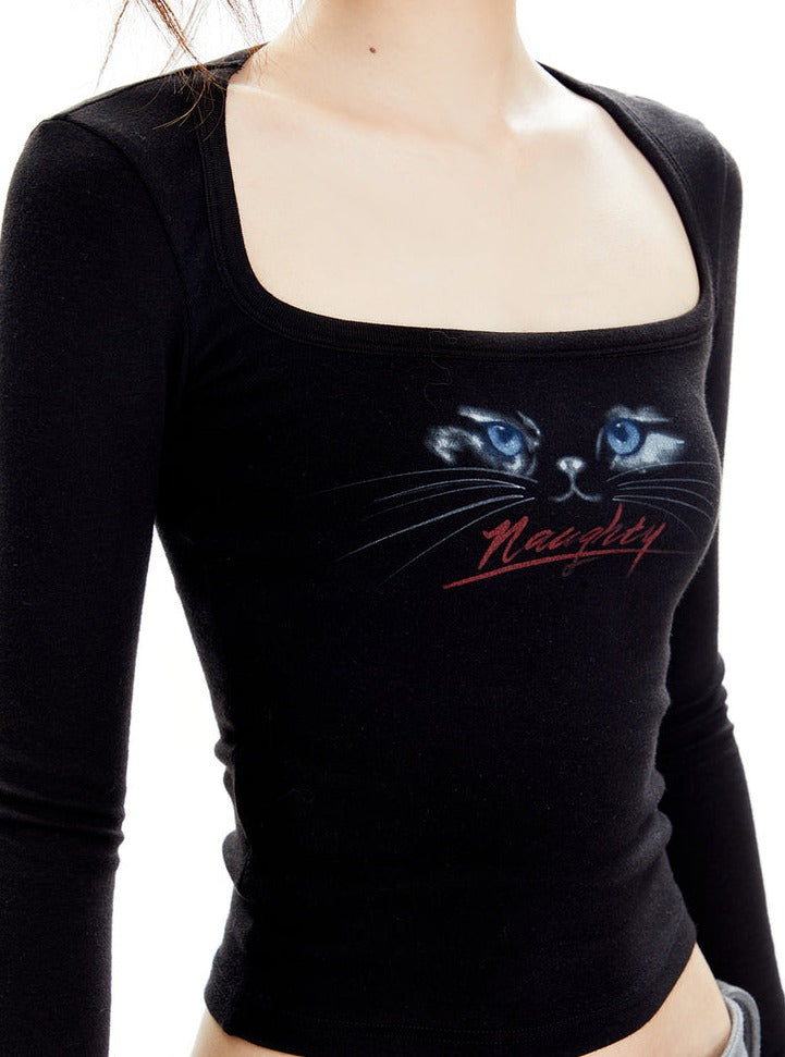 Neck Long Sleeve Cute Cat T-shirt