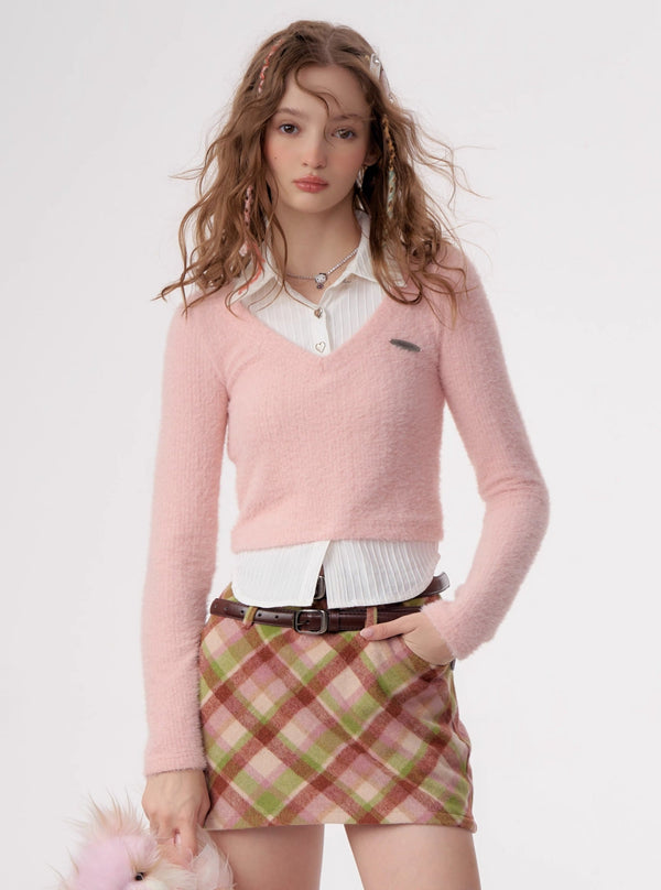 American vintage fake two-piece set long sleeve top