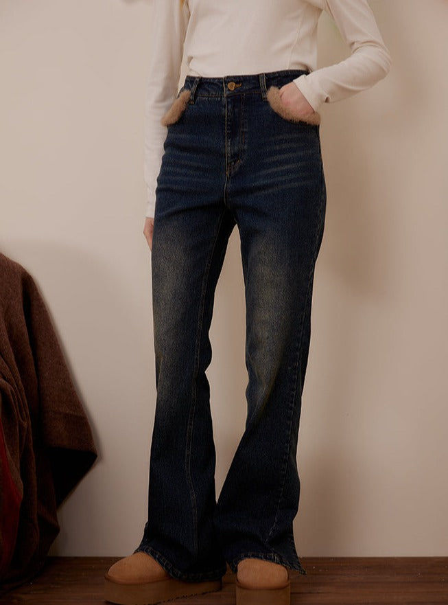 Retro Pocket Raw Leg Slit Jeans Pants