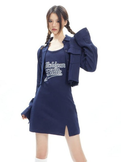 Shirt Coat Strap Dress Two Piece Set