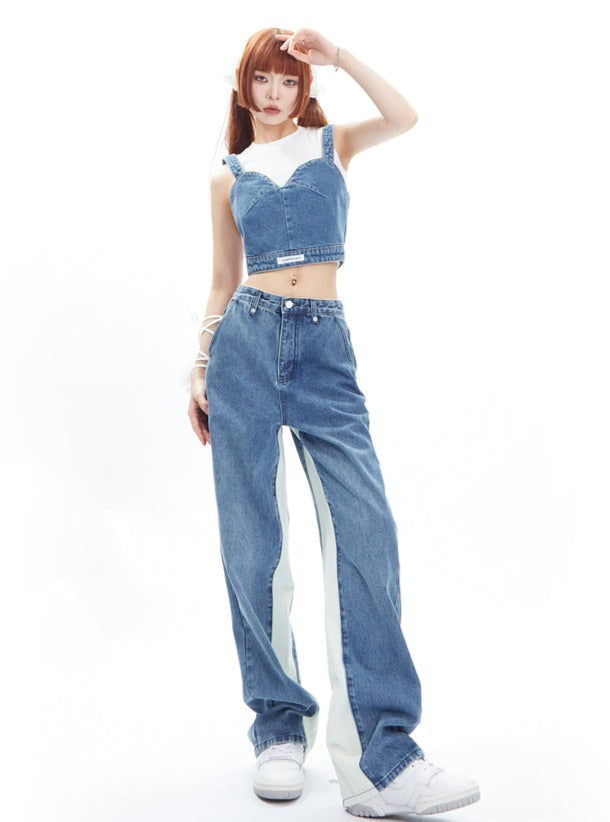 Strap Tank Top Denim Pants Two Piece Set