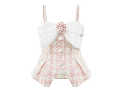 Check tweed fur bow puffy set