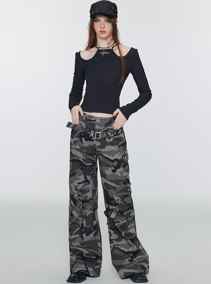 Straight-leg loose camouflage cargo pants