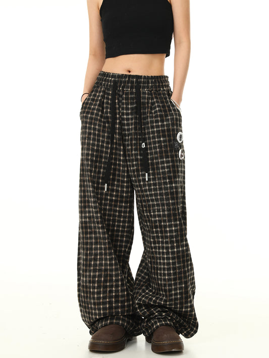 Trendy Elastic Waist Plaid Long Pants