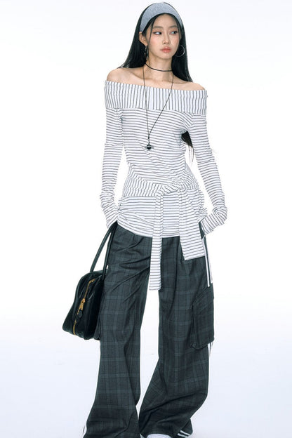 [Curriges September 26th New Arrivals] autumn and winter new one-shoulder striped waist tie long top