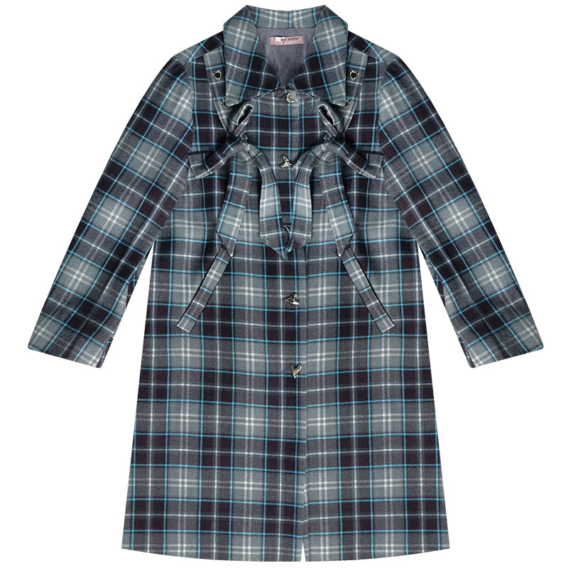 ziziFei autumn and winter American retro sense of luxury mid-length bow blue tartan coat jacket women