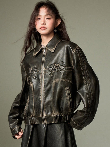 sweet cool bow leather coat