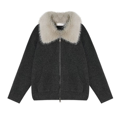 Wool Fur Collar Knit Jacket Set-Up