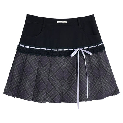 Purple Plaid Ribbon Pleated Skirt