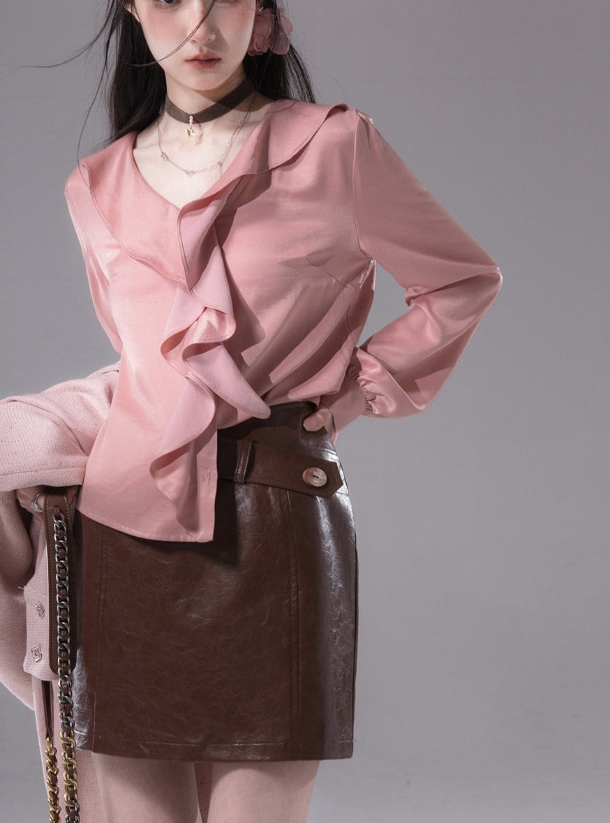 Wax Leather Blazer With Skirt Set