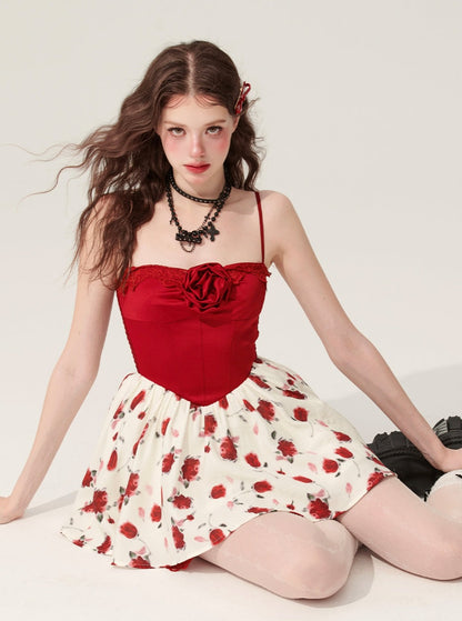 Weniger auch leicht betrunken, rosa rotes Slip-Kleid, Damen Sommer Taille cinched A-Linie Rock, floral schönen puffy Rock