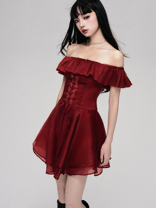 Red Rose Lace-up One-Shoulder Dress