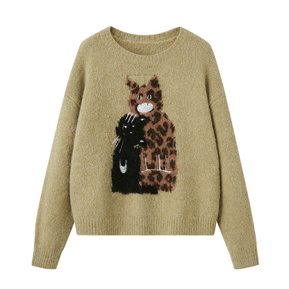 Leopard Print Embroidered Pullover Sweater