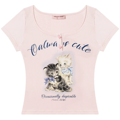 Retro Cat Print Shoulder Top