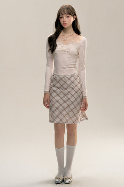 Pink Plaid Silk Hip Skirt