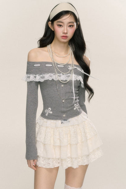 [September 26th 20 o'clock sale] less eye camellia rime one-shoulder lace long-sleeved T-shirt women's early autumn